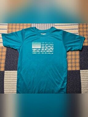 Columbia PFG Youth Medium 10/12 Teal Fish Flag Performance T-Shirt